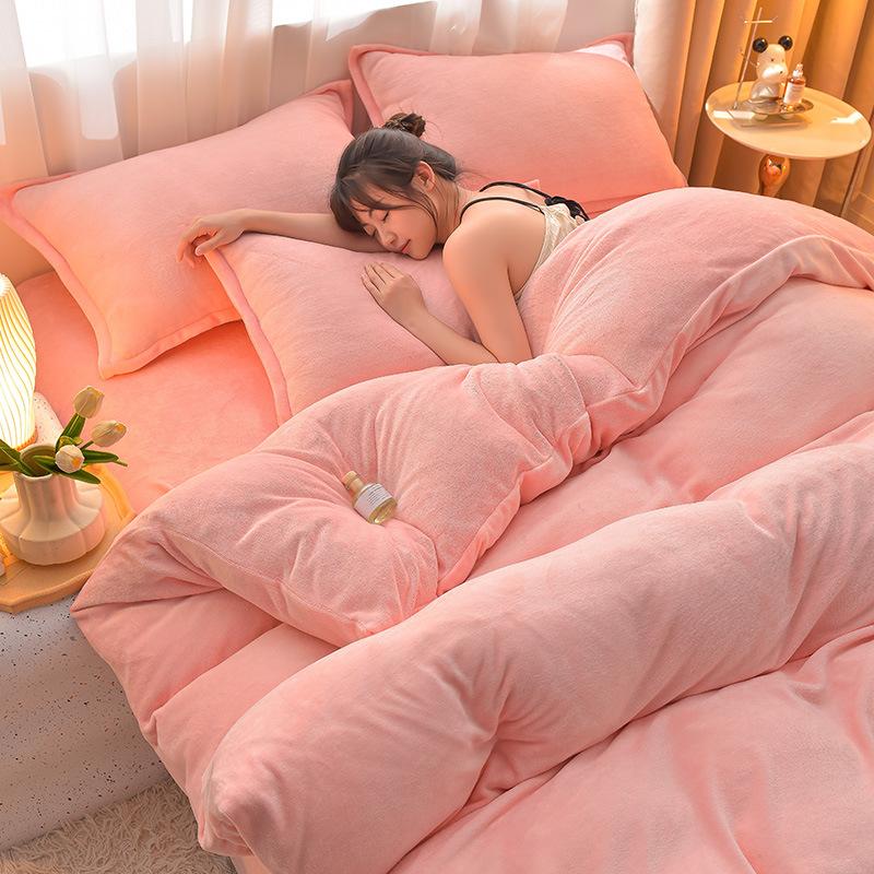 Class A Maternal Infant Grade Milk Fleece 4-Pcs Set, Warm Thickened Coral Fleece Fleece Bed Sheet, Bed Hat, Quilt Cover 3-Pcs Set