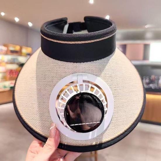 Chapeau de soleil design à sommet vide bord étendu protection solaire intégrale pour tout le visage chapeau avec ventilateur intégré alimenté par énergie solaire circonférence de tête réglable chapeau de paille