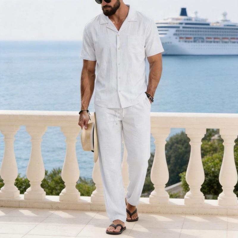

Mens White Linen Blend Cuban Collar Shirt and Pants 2-Piece Set S