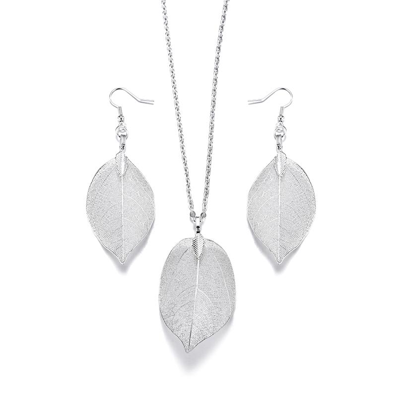 

Unique Filigree Wedding Earrings for Women Gold Copper Color Natural Real Leaf Earrings Chain Long Necklace Zircon Set Gift медный