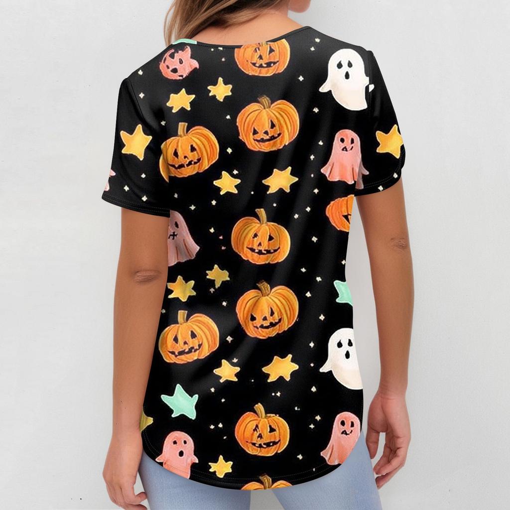 Women's Fashion Short Sleeve Halloween Printed V-Neck Pocket Workwear Tops