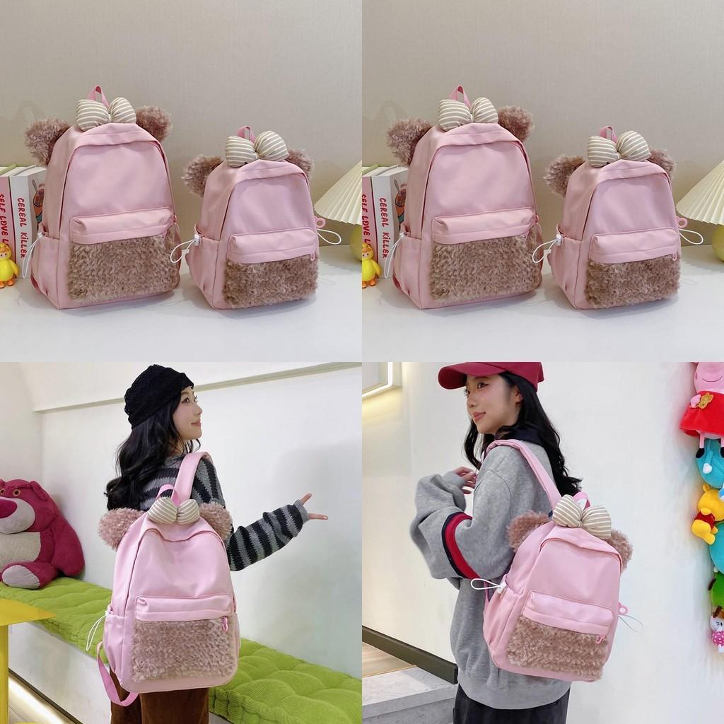 Plush Dog Bowknot Backpack With Zipper Design And Adjustable Shoulder Strap