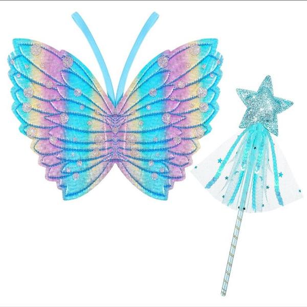 Girls Fairy Wings and Wand Fancy Dress Set Butterfly Wings Fairy Magic Wand Glitter Fairy Dress Up Fancy Accessory Costume for Girls Party Costume