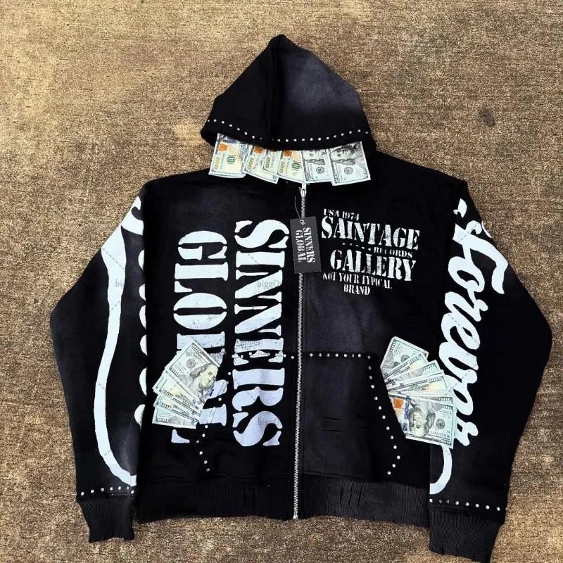 Vintage Harajuku Streetwear Zip-Up Cardigan Sweatshirt Couple Matching Womens Fashion