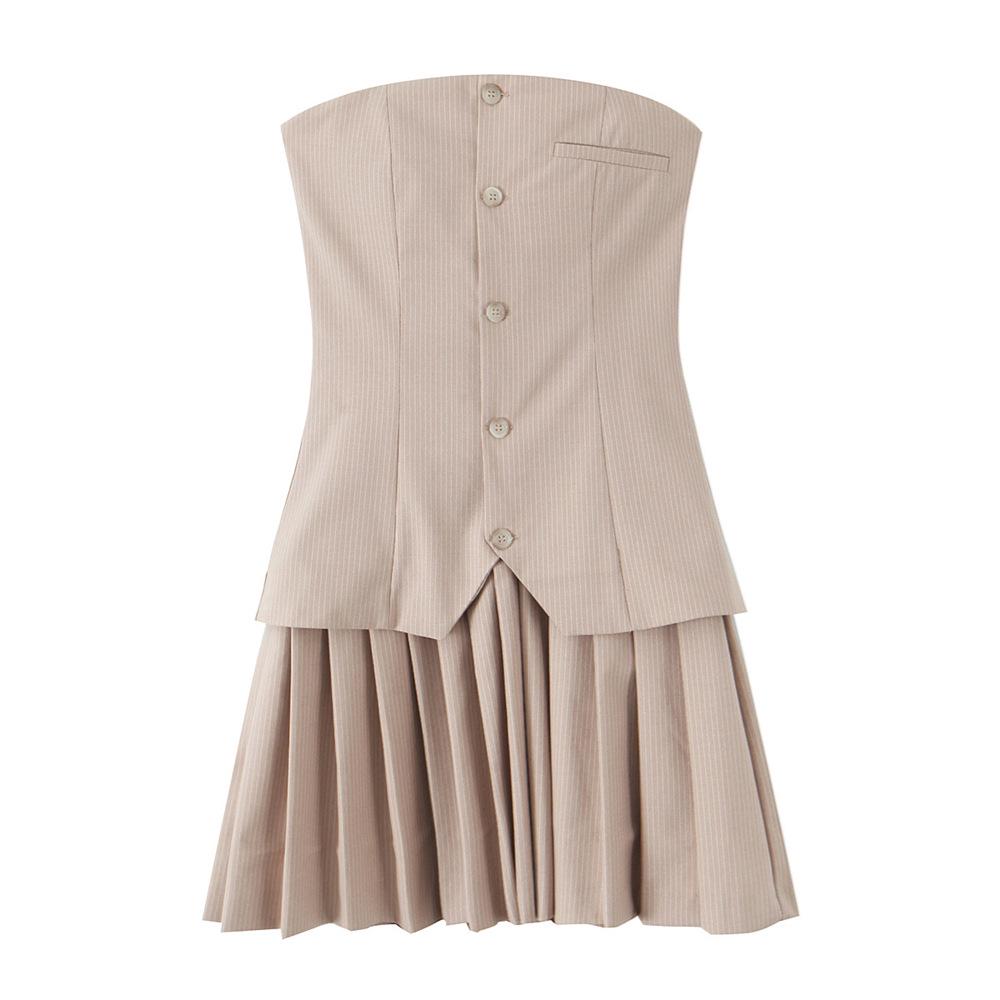 

2025 Spring Women s Sweet Strapless Striped Pleated Dress XS хаки