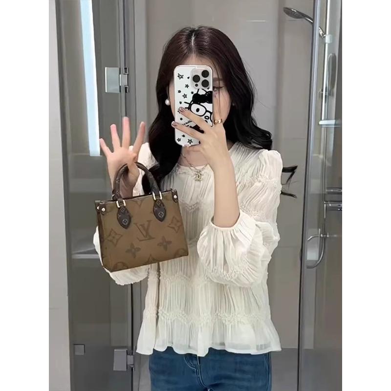 

Блузка с длинным рукавом и плиссированной текстурой в корейском стиле - Весна 2025 Облегающий модный топ Large белый/слоновая кость