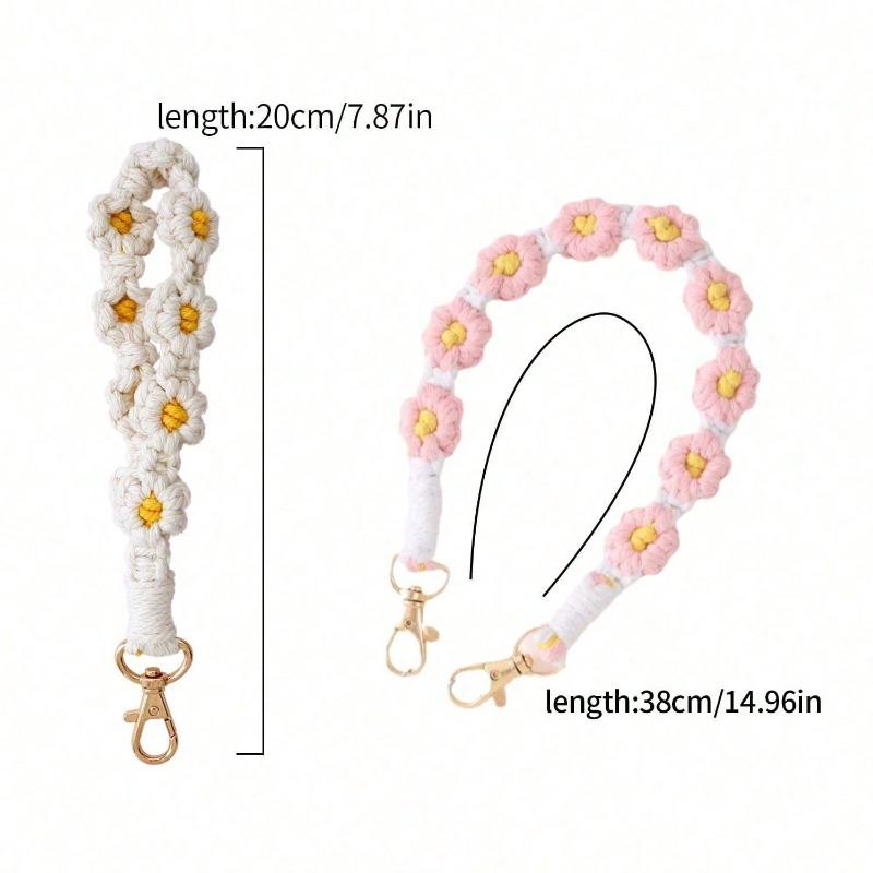 Braccialetto a margherita bohémien all'uncinetto fatto a mano, multiuso come cordino portachiavi e corda per manico borraccia. Carino accessorio Y2K, ottimo per fare un regalo.