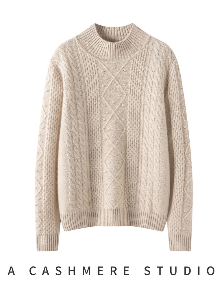 Women's Thickened Cashmere Half-High Neck Diamond Cable Knit Sweater - Long Sleeve Solid Color Pullover