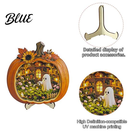 Handmade Wooden Halloween Art Ghost Pumpkin Tabletop Sign House with Mini Tiered Stacked Crafts Scene Fall Harvest Desktop Ornament for Home Office