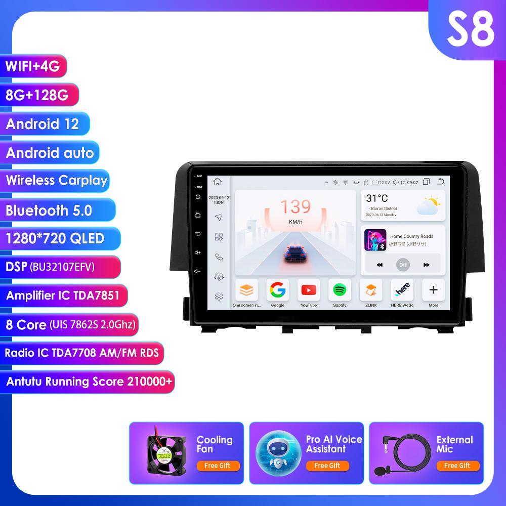 

OSSURET 2din Android Автомагнитола для Honda Civic 10-го поколения 2015 - 2021 Авторадио Мультимедийный Видеоплеер GPS Навигация Головное Устройство Интеллектуальный Carplay 4G BT S8 8Core 8G 128G AI