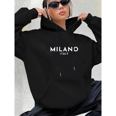 Women's Casual Fashion Hoodie Sweatshirt MILANO ITALY Print Round Neck Long Sleeved Autumn and Winter Warm Regular Version