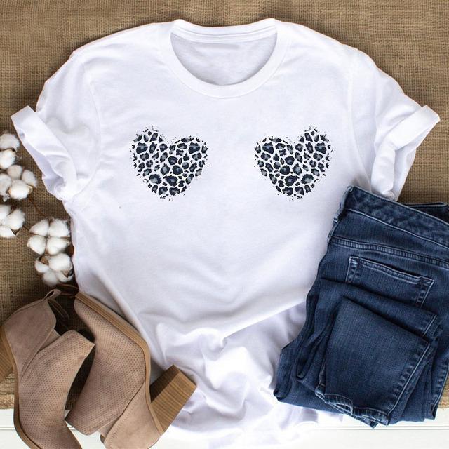 New Women Black T Shirt Feather Flower Love Heart Printed Tops Ladies Female Cute Graphic Tee Shirts Women O-Neck T-Shirts Tops