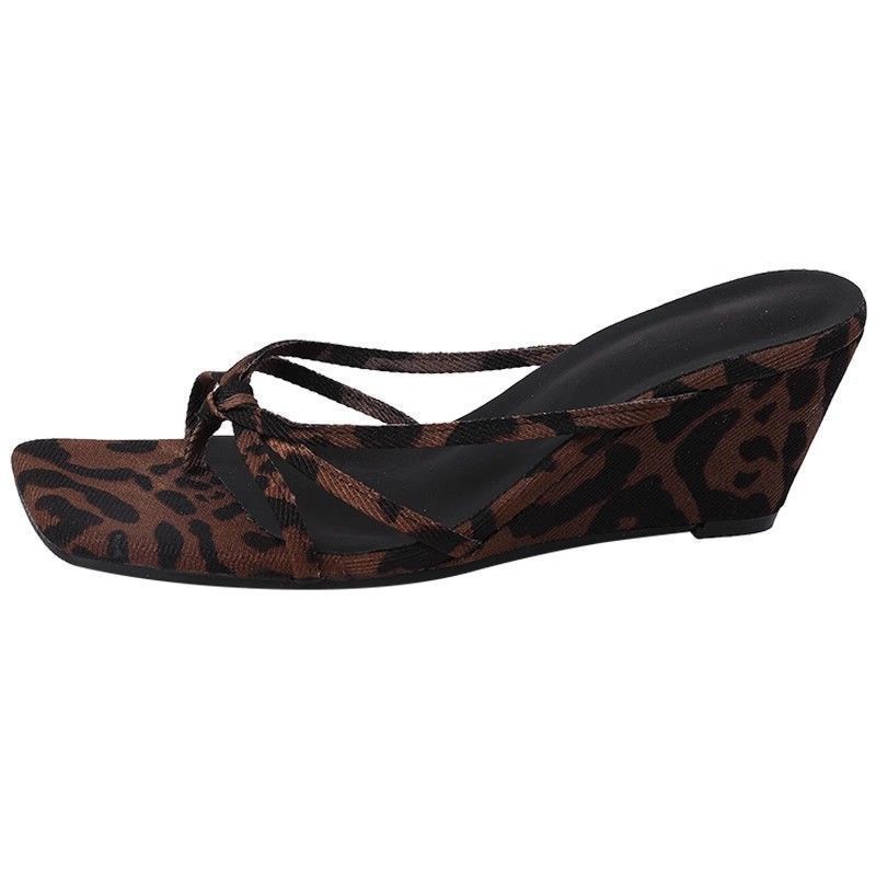 Niche Slope Heel Leopard Print Temperament Square Head High Heel Sandals Women's Summer 2025 New French Skirt Evening Cool Slippers