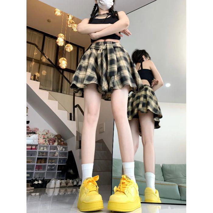 Irregular Vintage Plaid A-line Short Skirt - Women s Summer Slimming, Anti-Exposure Pleated Design S хаки
