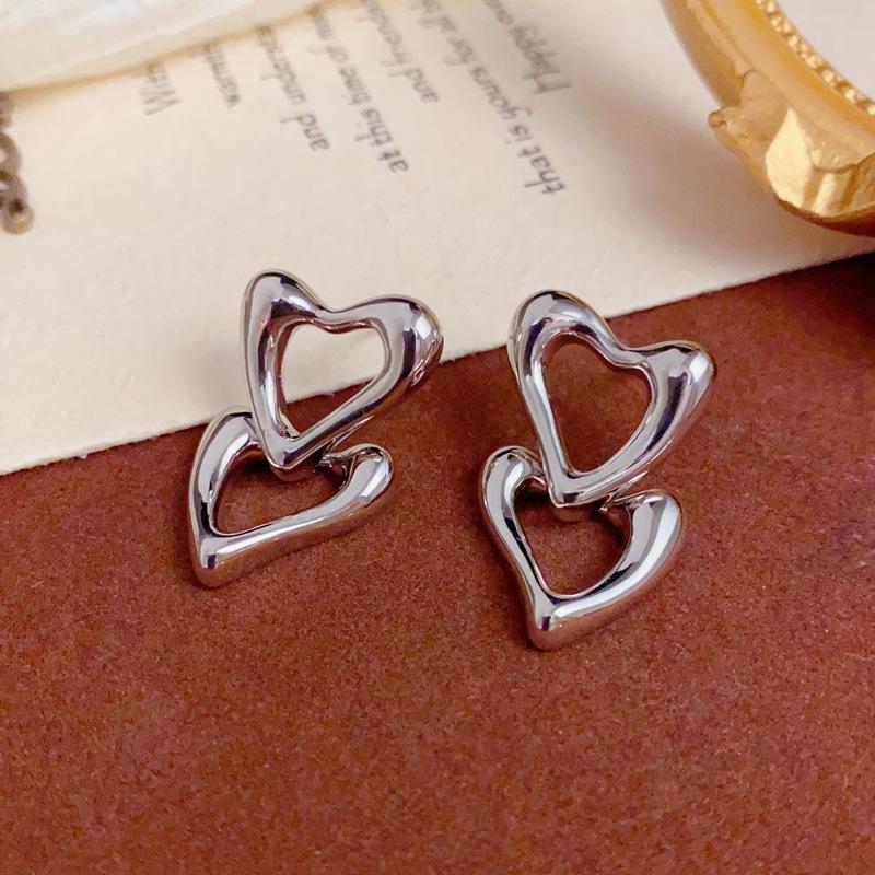 Elegant Metal Hollow Double Heart Dangle Earrings - Unique and Versatile Cold Style Fashion