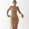 Langarm Rippen Geraffte Bandage Sexy Mini Kleid Herbst Winter Frauen High Neck Gestrickte Reine Party Elegante Outfits