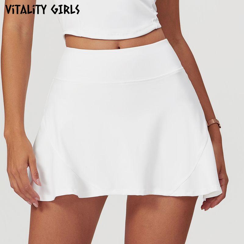 Vitality Girls Sports Tennis Skirt Fashion Tape High Waist Stretch Yoga Fitness Casual A- line Skirt