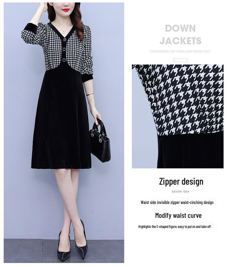 Women's Houndstooth Velvet Patchwork High Waist Midi Dress