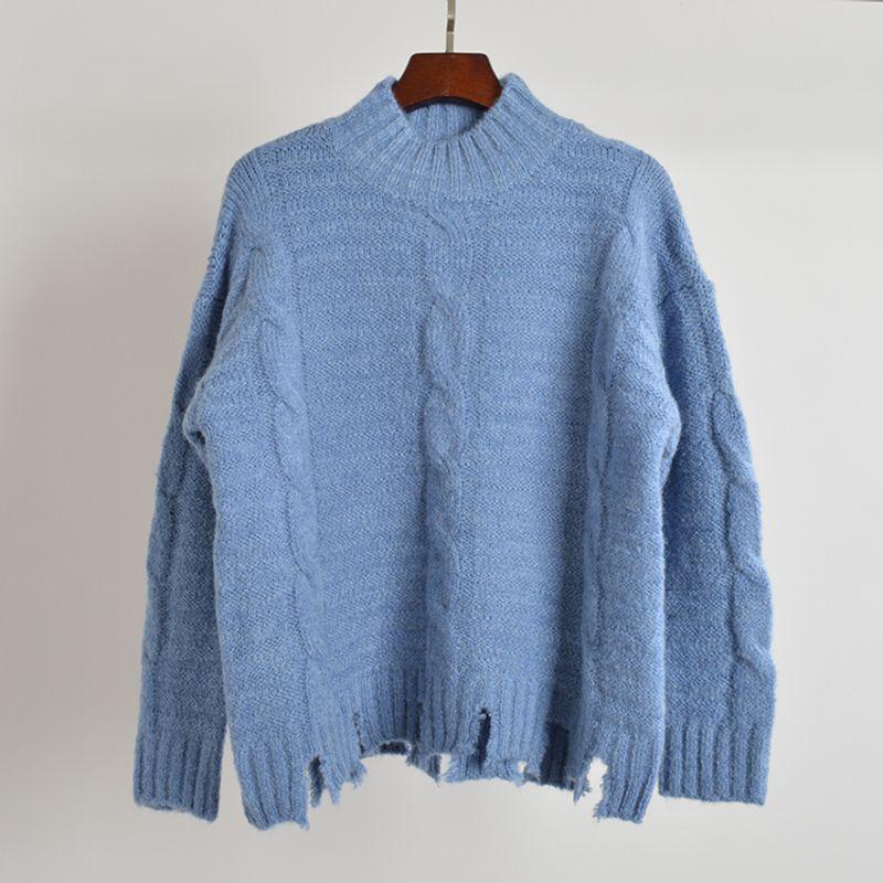 

Autumn and Winter Lazy Style Pullover Cable Stitch round Neck Long Sleeve Sweater Women s Clothing Loose Slim Looking Fringed Sweater Outerwear Top Light Blue One size