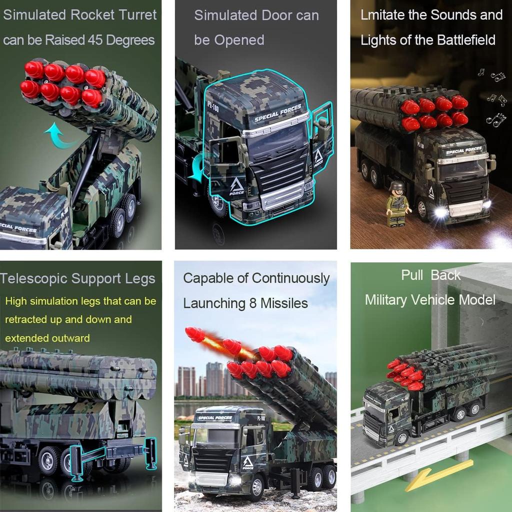 1/32 PL-180 PL-180 odpalovač raket Model vojenského vozidla se světly a zvuky Autíčko s třecím pohonem z kovové slitiny pro děti Chlapci Dívky Dospělí