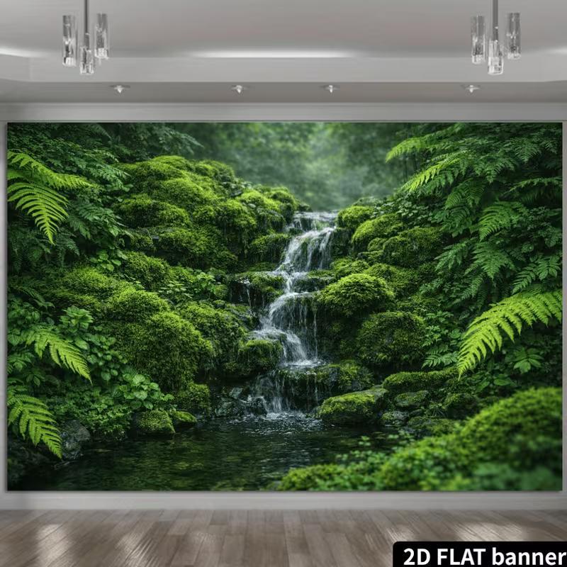 2D Enchanted Mossy Waterfall in Tropical Forest Backdrop Photo Background