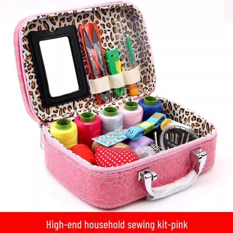 Sewing Kit with Thread, Needle, and Cross-stitch Tools in Solid Wood Pouch