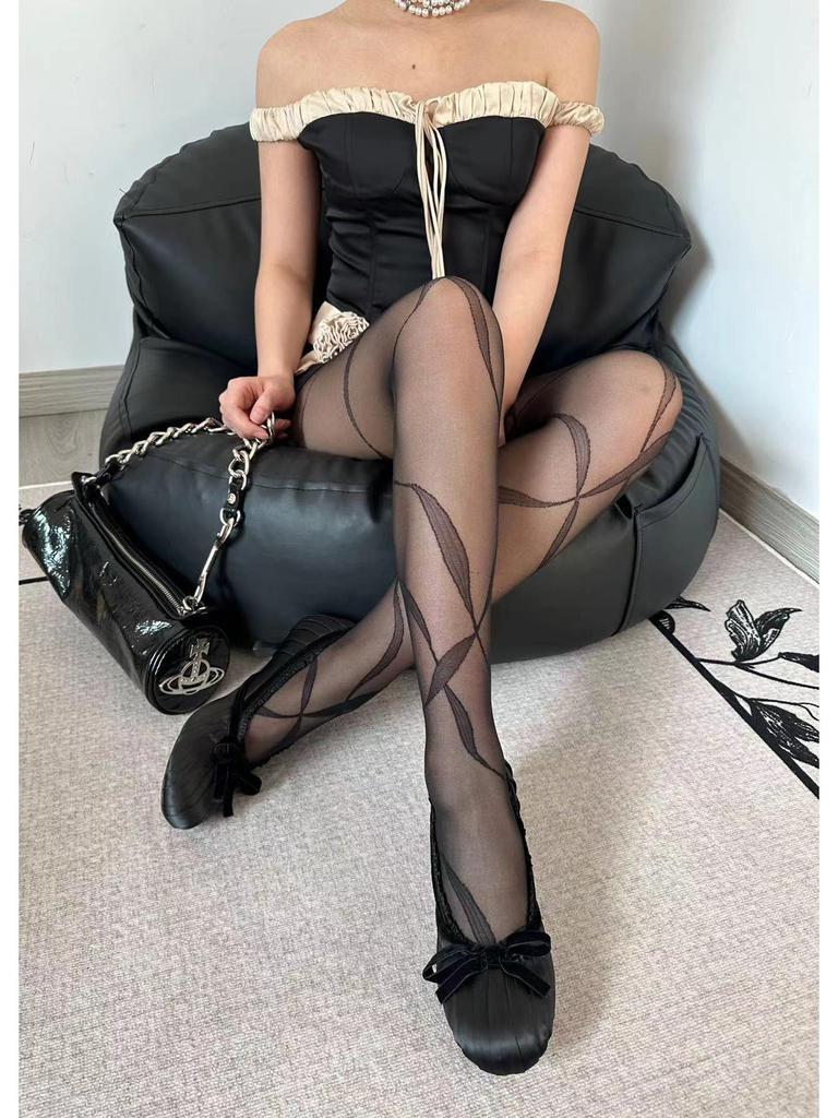 Elegant Ballet-Style Jacquard Stockings: Versatile Ribbon Wrap Pantyhose