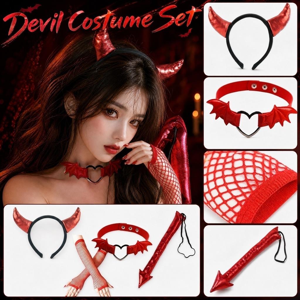 Devil Costume Accessories Set for Halloween - Headband Choker Gloves Tail