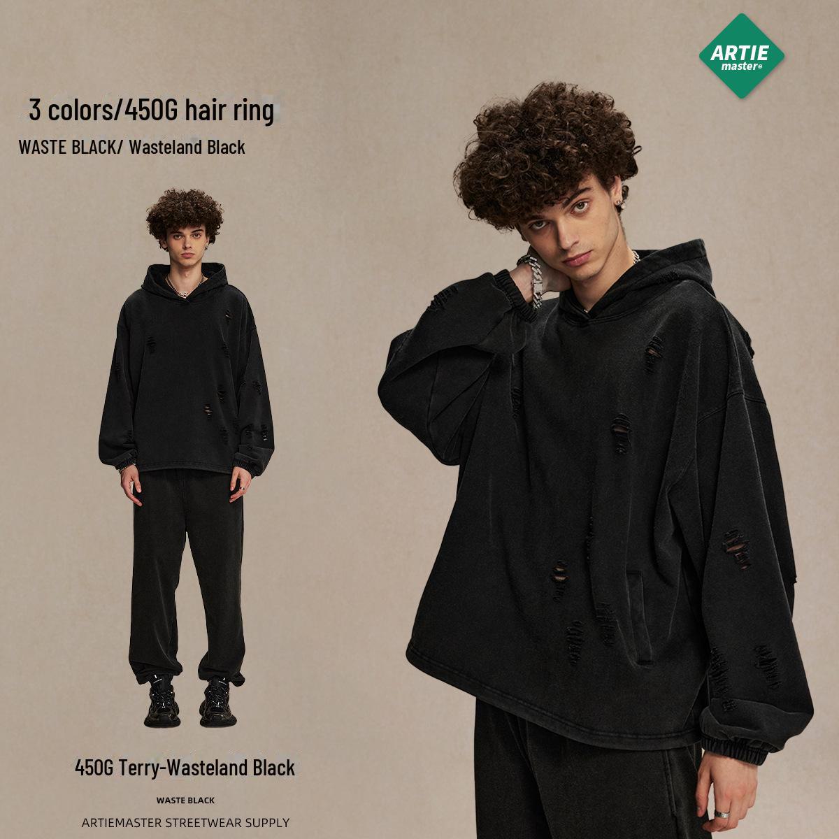 

2024 Men s Retro Washed Distressed Hoodie - Dirty Dyed Street Fashion for Autumn/Winter XL