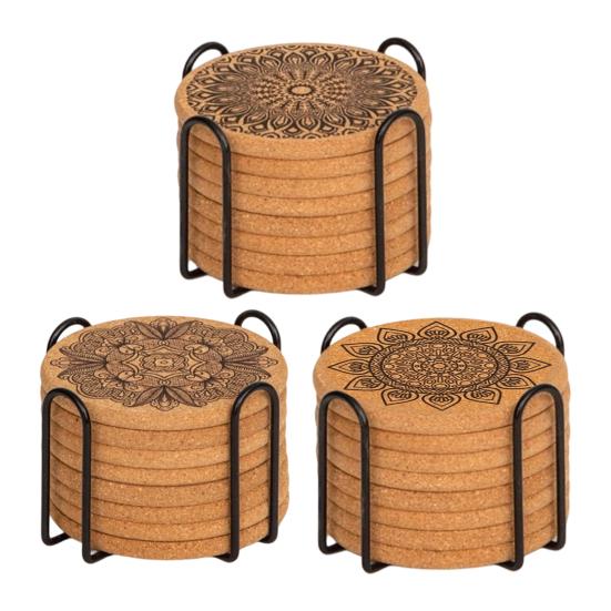 8Pcs Cork Coasters with Rack Round Retro Coasters Absorbent Heat-Resistant Table Mats Insulated Dining Placemats for Table Protection