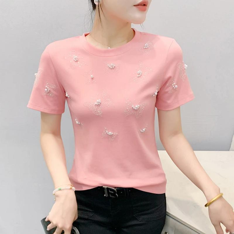 Summer New Fashion Women 100% Cotton Beading Butterfly Designer T-Shirts Short Sleeve Tees Casual Female Tops Shirts