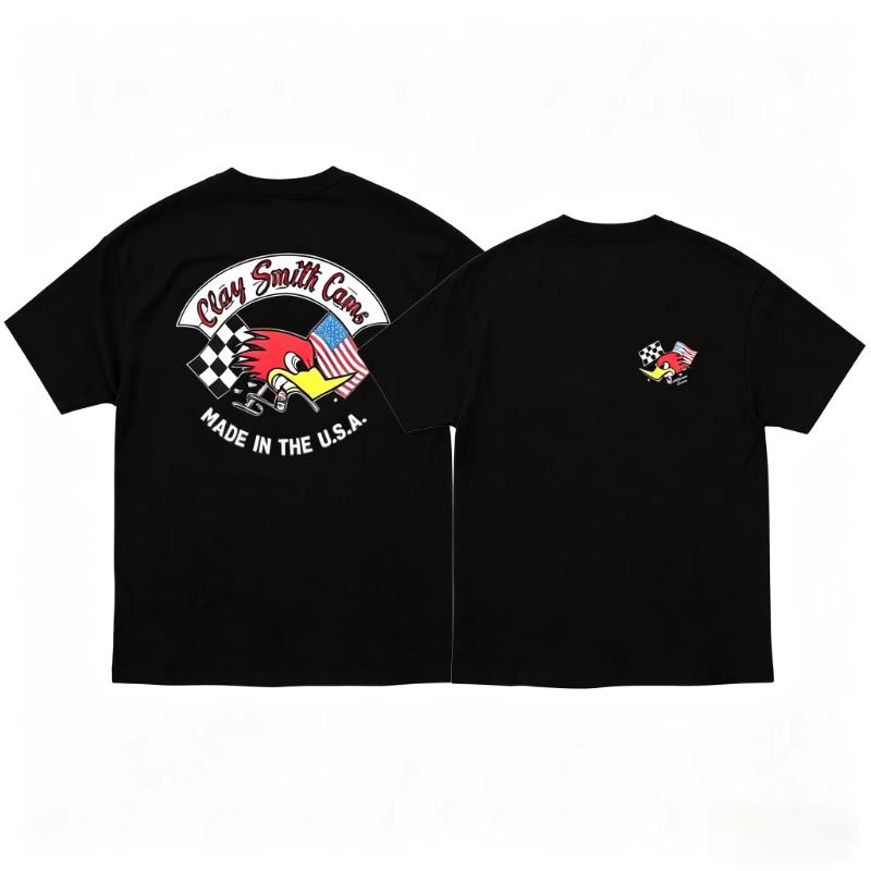 T-shirt Manches Courtes Unisexe Coton Impression Drapeau Américain Style Rétro Dessin Animé Oiseau Course Moto Mode Urbaine Décontractée