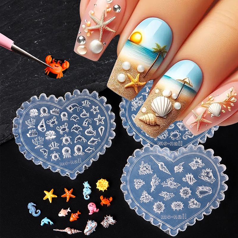 1 Piece Cute Sea Conch Jellyfish Nail Art Moulds Ocean Theme 3D Silicone Nail Carving Mold Marine Creature Crafting Diy Tool