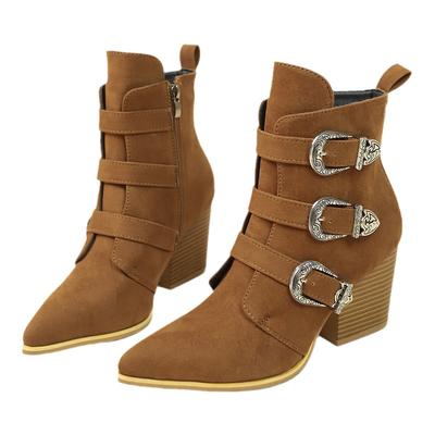 2024 Women's Fashion Pointed Punk Style Belt Buckle Pullback Short Boots Sexy Banquet Boots
