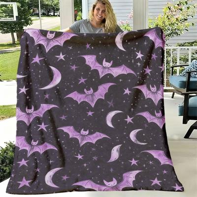 Vintage Gothic Bat Moon And Stars Flannel Throw Blanket Soft White Like Texture with Black Purple Pink Bats, Allseason Cozy Bedspread for Sofa Bed Tra