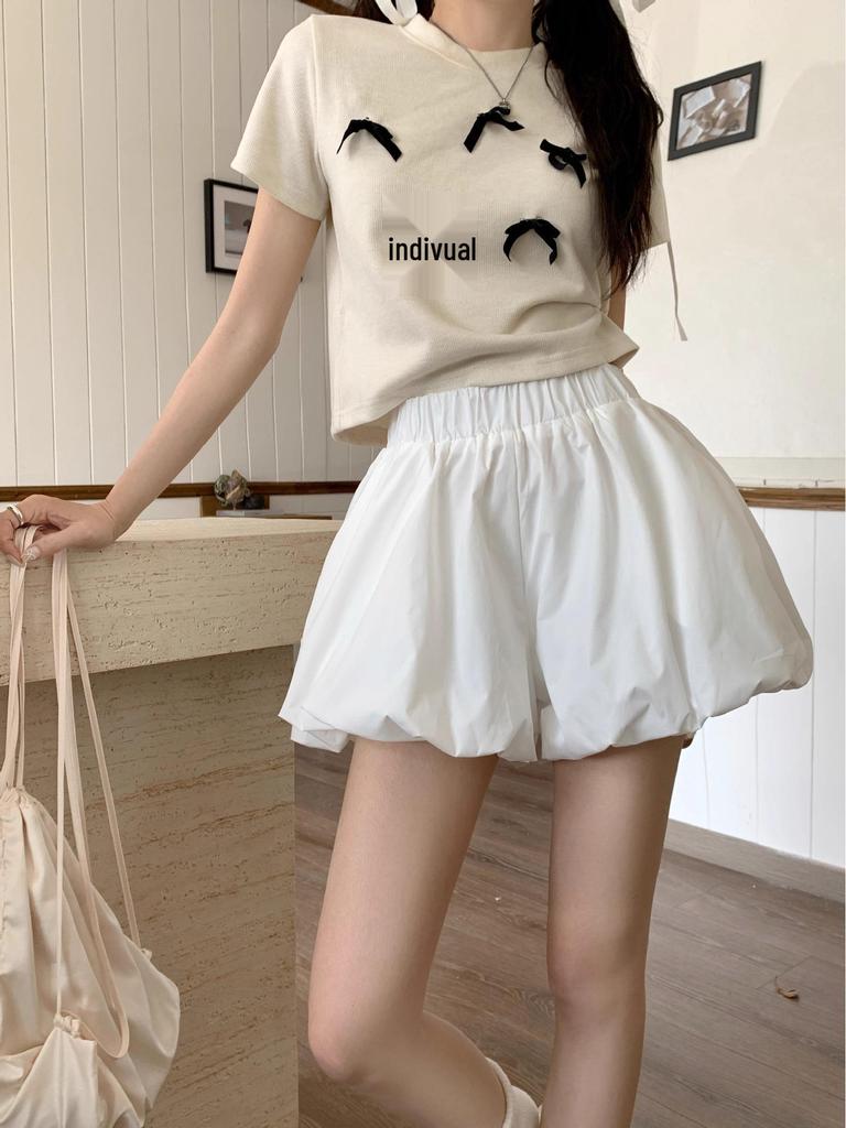 Women's High-Waist Lantern Culotte Shorts - Summer Tulip Skirt Pants, Black/White