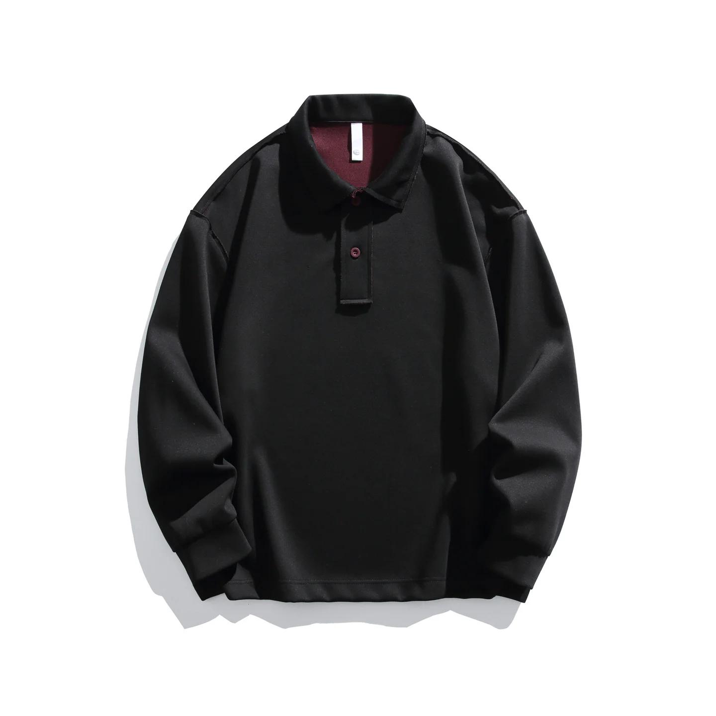 Весна 2026 Мужская свободная хлопковая рубашка-поло Американский мужской дизайн с пуговицами Толстовки Мужская с отложным воротником Пуловер Повседневная Унисекс Форма XL чёрный