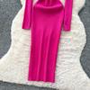 Autumn Spring Women Square Collar Full Sleeve Long Midi Knitted Sweater Office Work Slim Bodycon Pullover Dresses
