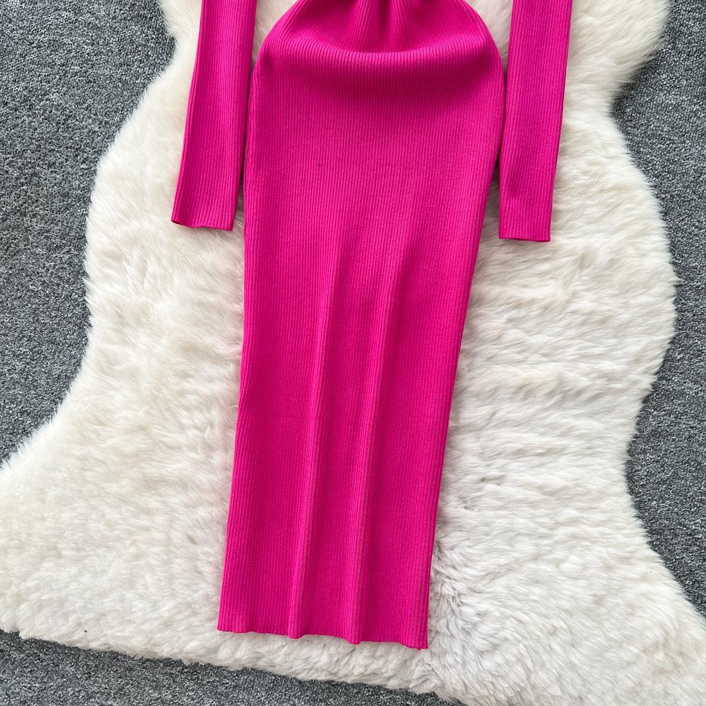 Autumn Spring Women Square Collar Full Sleeve Long Midi Knitted Sweater Office Work Slim Bodycon Pullover Dresses