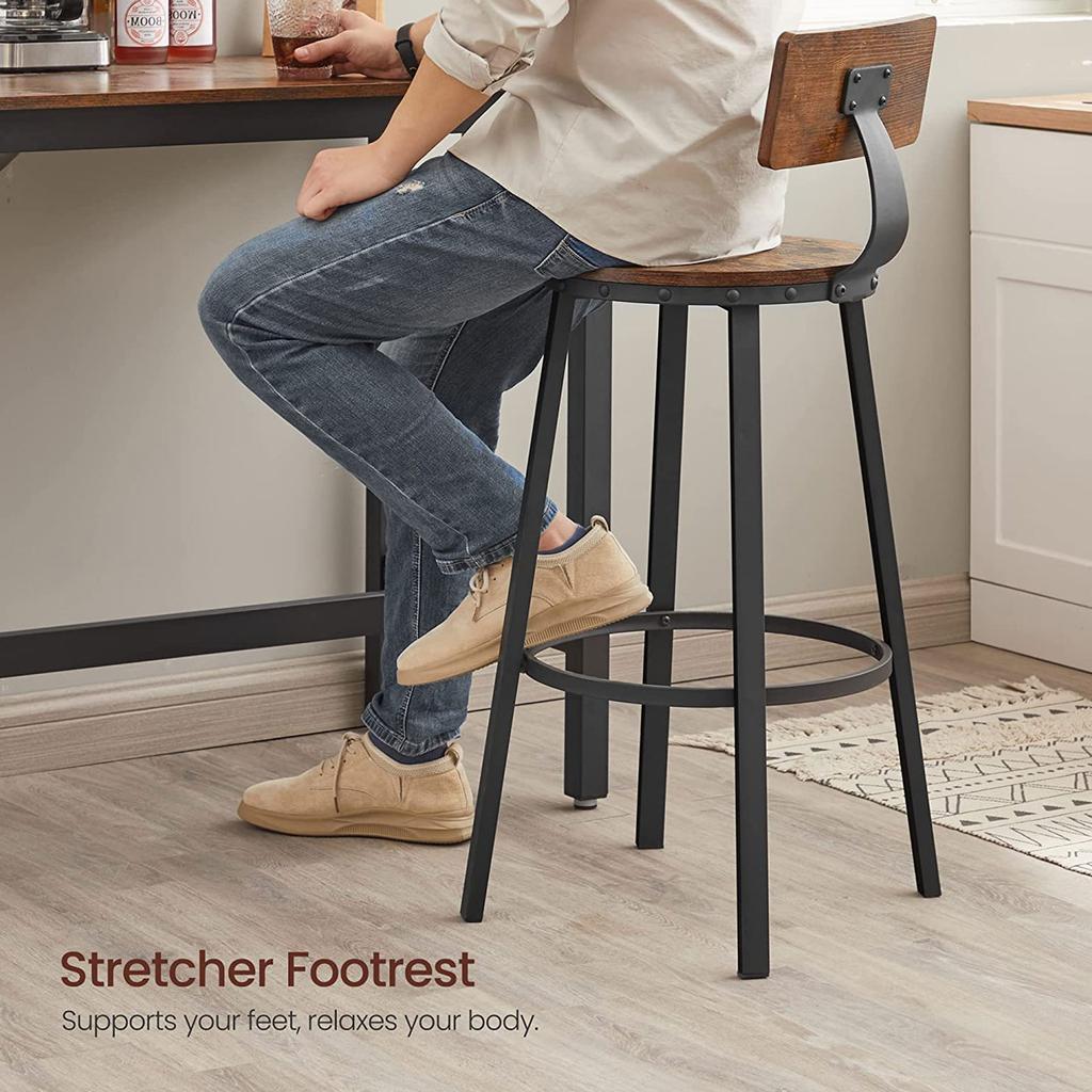 VASAGLE Bar Stools, Kitchen Stools, Set of 2 Tall Bar Chairs with Backrest, Steel Frame, 73 cm High Seat, Easy Assembly, Industrial