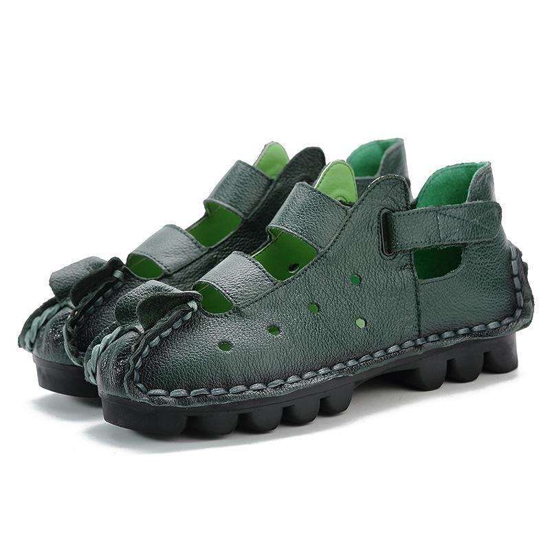 Été Première couche de cuir de vache Chaussures plates pour femmes Style ethnique Cuir Respirant Sandales pour femmes Chaussures ajourées