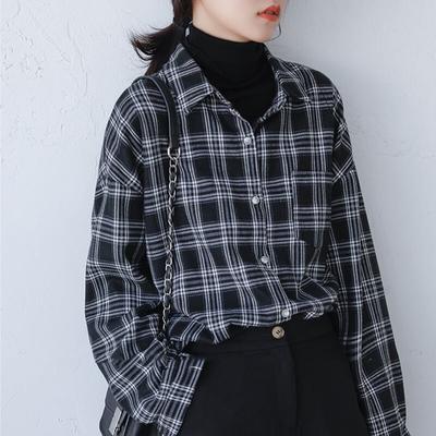 Plaid Shirts Women Long Sleeve Single Breasted Vintage Korean Style Ulzzang Oversized Black Bluzka