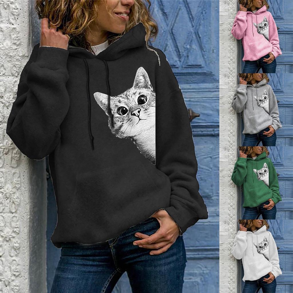 Buy Womens Casual Hoodies Cat Print Jumper Tops Ladies Sweatshirt