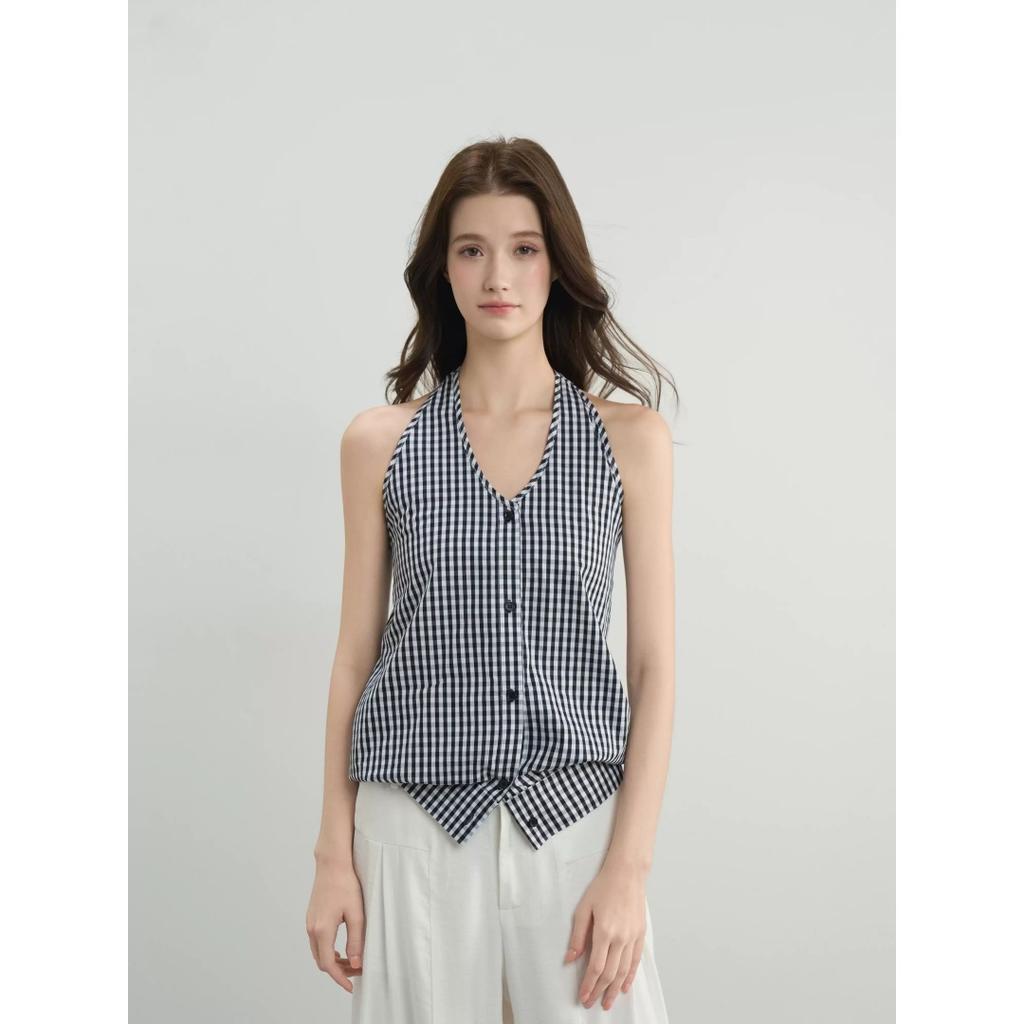 Niche design plaid neck sling vest women's summer new loose and thin versatile sleeveless tops and clothes