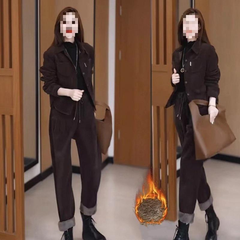 Plus Sametový Zesílený Retro Módní Manšestrový Oblek Dámský Podzimní a Zimní Nadměrná Velikost Západní Ležérní Bunda Dvoudílný Trend