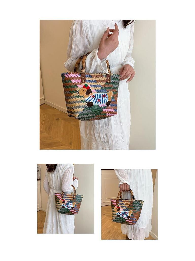 Dackel Welpe Gewebte Handtasche mit Bambusgriff Vintage Strandtasche