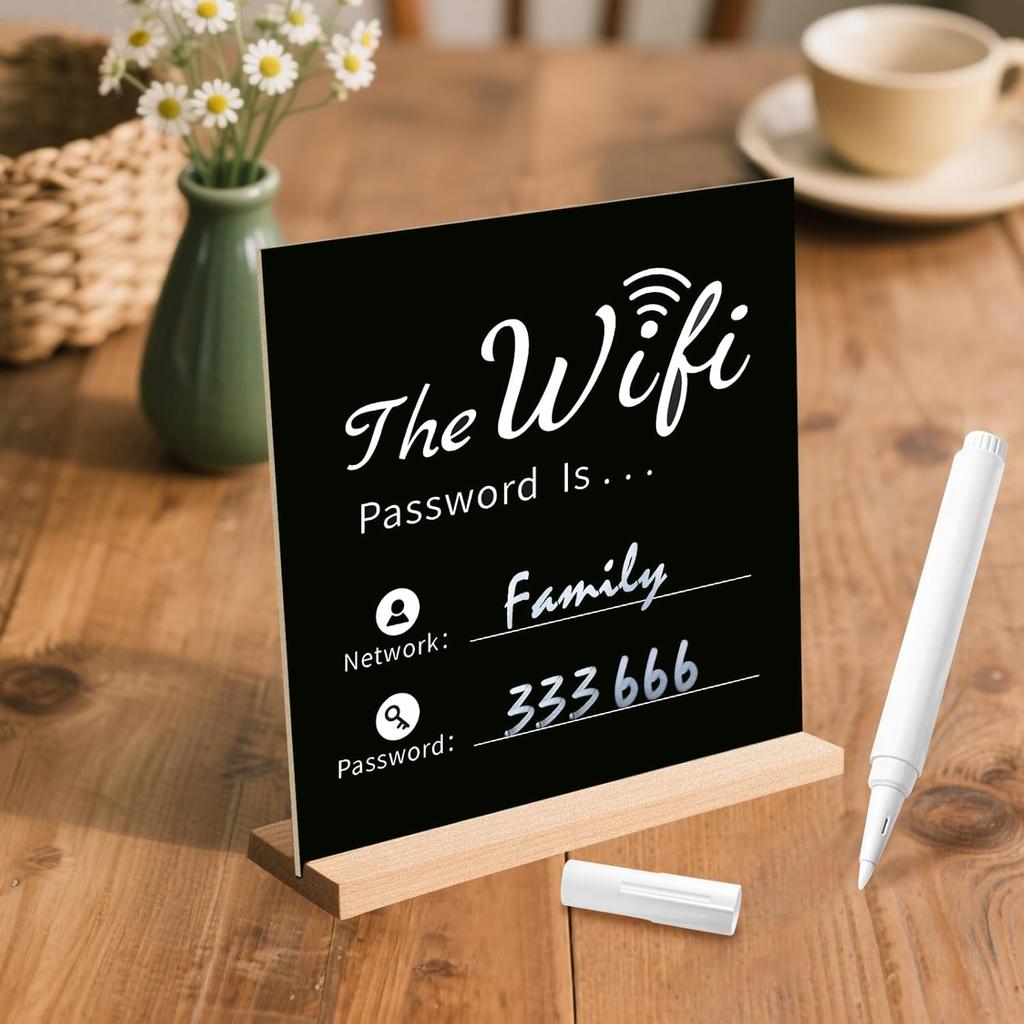 Premium Thick Wooden WiFi Password Sign With Pen - Freestanding Chalkboard Style Board for Home Office Restaurant Cafe, Table Centerpiece Decor with 