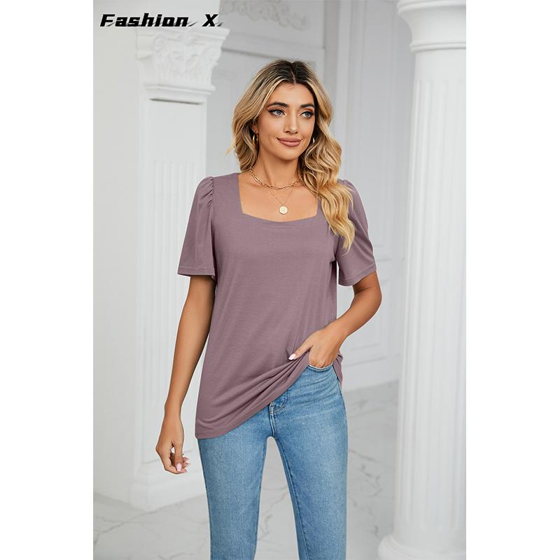 Printemps et Été Nouveau T-shirt ample à manches courtes et col carré de couleur unie Tops tricotés Femme