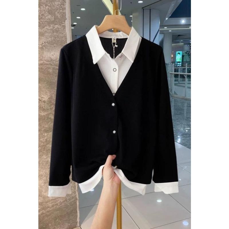 Autumn Casual Fake Two-piece Spliced Lapel Long-sleeved Shirt Loose Button Versatile Top