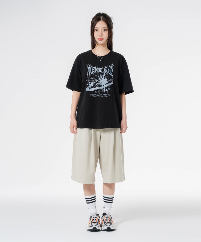 MOZMOZ [Set] Spider Pigment Short Sleeve + Pigment Wide Single-Pleat Shorts Set-Up
